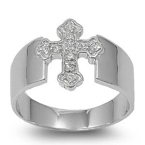 Elegant Sterling Silver CZ Crystal Chunky Cross Ring